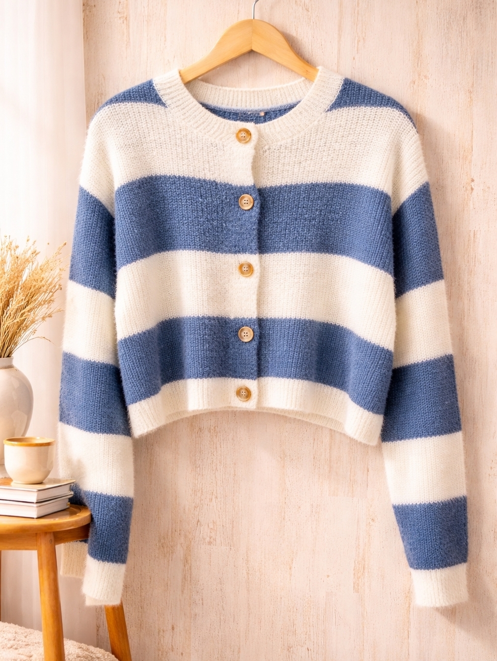 Altar'd State Blue & White Striped Cropped Button-Front Cardigan